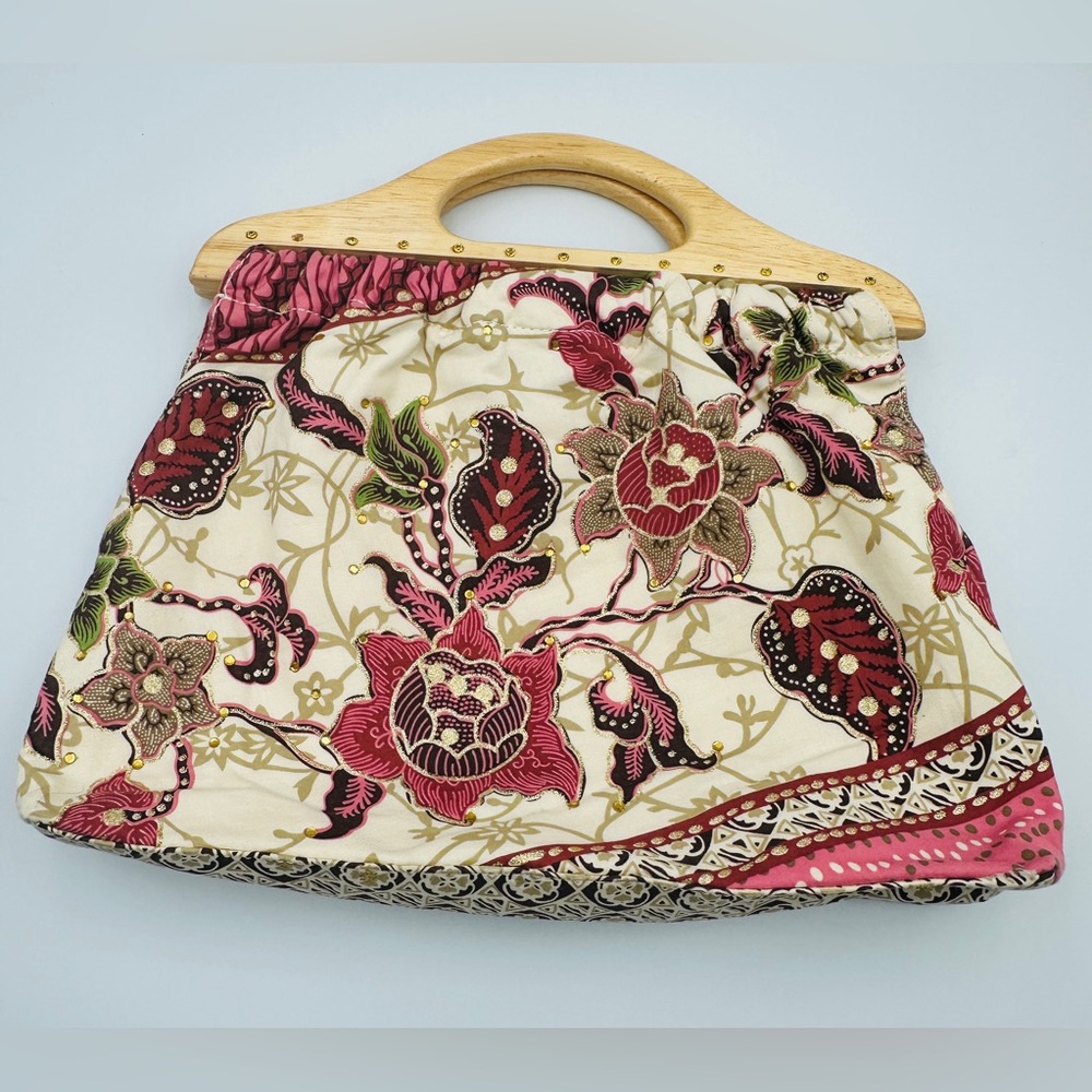 Vintage Million Wishes Embellished Fabric Wood Handle Purse Bag Cream Pink &Gold